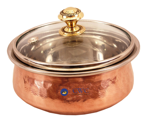 Hammered Steel Copper Handi Bowl With Glass Lid, 300 Ml