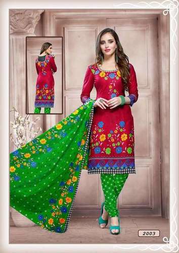Cotton Salwar Suits - Cotton Fabric, Red & Green, Printed Design | Tear Resistant, Fine Finish, Elegant Party Wear