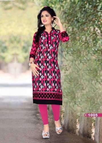 Cotton Kurtis - Printed Cotton, Size L/XL, Color Pink | Simple 3-4th Sleeve Design for Ladies