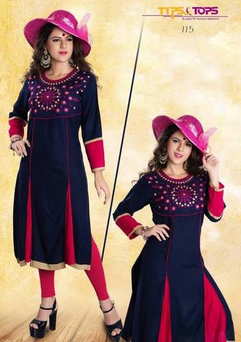 Rayon Catalogue Kurtis - Long Sleeve Embroidered Blue | Casual and Daily Wear for Ladies