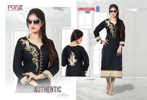 Denim Kurtis - Printed Black , Ladies' Simple 3-4th Sleeve in Sizes L & XL