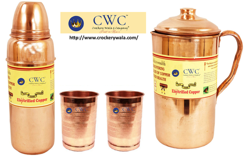 Copper Jug Pitcher With 2 Glass & 1 Thermos Design Bottle
