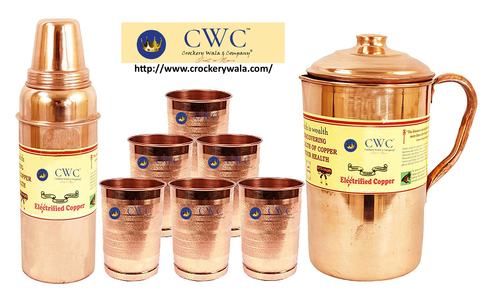 Copper Pitcher With Thermos Design Bottle & 6 Glass Tumbler