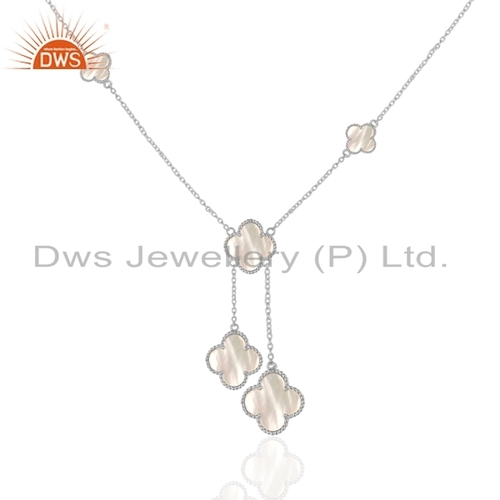 White Rhodium Plated Silver Clover Necklace