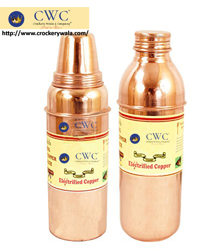 Set Of 2 Handmade Pure Copper Water Bottles, 700Ml