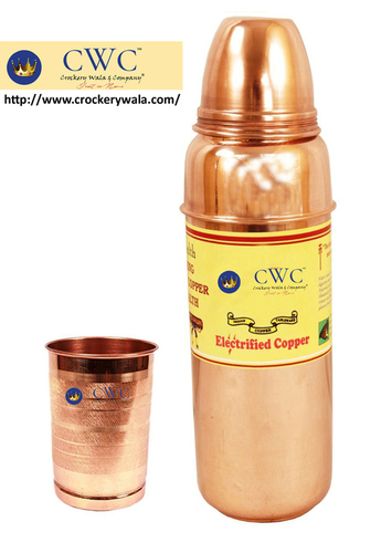 Thermos Design Copper Bottle With 1 Glass Tumbler - 500ml Copper, Glass, Food Safe | Water Storage, Easy Cleaning
