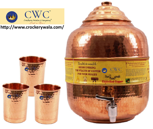 Hammered Copper Dispenser Pot Matka With 3 Glass Tumbler