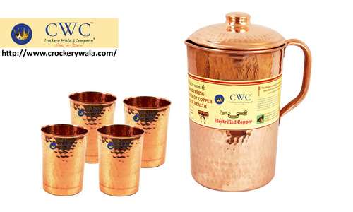 Hammered Copper Water Jug Pitcher With 4 Glass Tumbler