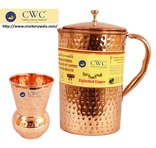 Copper Hammered Set Of 1 Jug Pitcher With 1 Mathat Glass
