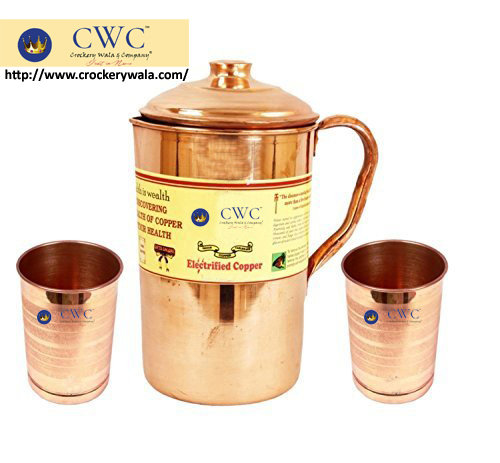 Handmade Pure Copper Jug With Glass Cup, Set Of 3