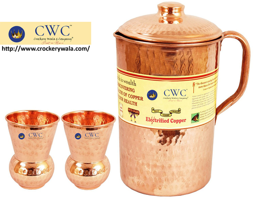 1 Copper Hammered Jug Pitcher & 2 Mathat Glass Tumbler Cup - Pure Copper, 1L Jug (10x15cm), 200ml Tumblers, Handcrafted Durable Design
