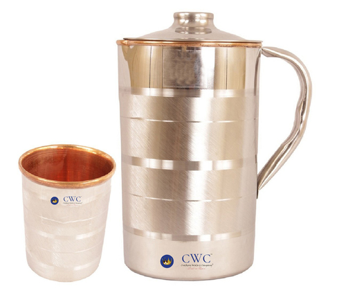 Steel Copper Jug Pitcher With Glass Tumbler, 2 Pieces - Steel Copper, Jug 10x10x15cm, Tumbler 8x8cm, Copper Lined, Easy to Clean