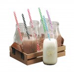 Circleware Dairy milk bottle with straw and brown wooden tray