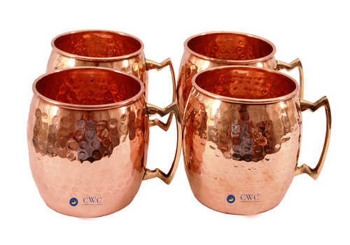 Handmade Copper Set Of 4 Hammered Round Moscow Mule Mug Cup