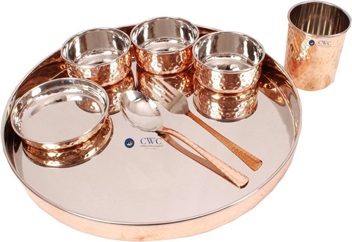 Set Of 8 Stainless Steel & Copper Traditional Dinner Thali