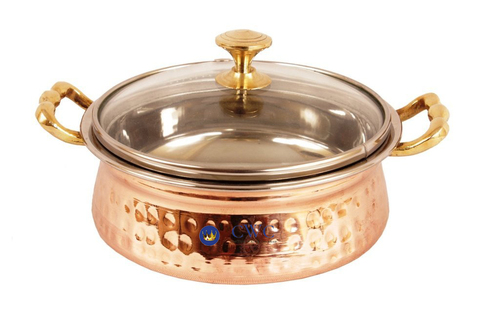 Hammered Steel Copper Casserole Donga With Glass Lid, 500 Ml