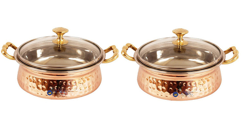 2 Handmade Steel Copper Handi Bowl With Glass Tumbler Lid