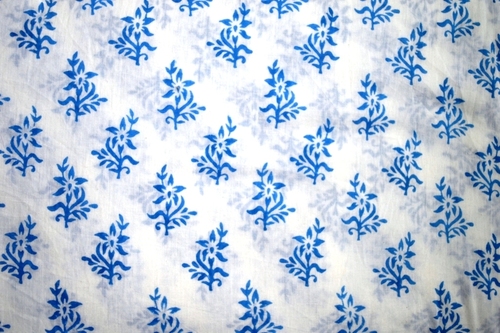 White Hand Block Printed Cotton Floral Fabric
