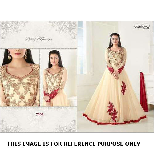 Party Wear Anarkali Suit - Cotton, Cream Color, Full Sleeves | Traditional Embroidered Design for Elegant Occasions