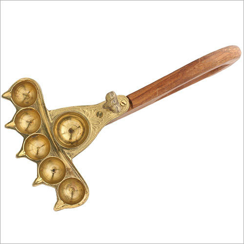 Punch Aarti Wooden Dhoopia - Brass, 28 x 15.5 x 10 cm | Golden Finish, Indian Modern Aesthetic, Painted, Decorative Temple Theme, 500 g