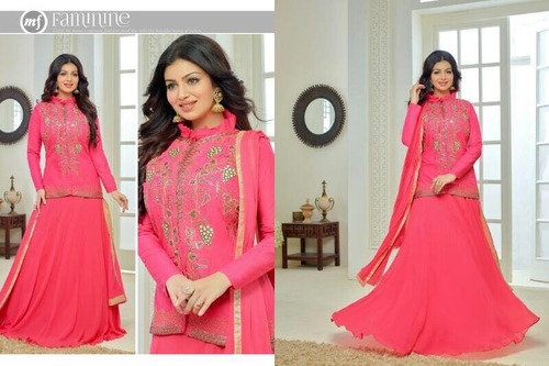 Anarkali Churidar Suit - Georgette/Cotton with Heavy Embroidery, Pure Santoon Bottom, Digital Print, Chiffon Dupatta, Pink Embroidered, Full Sleeves