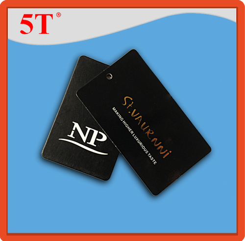 Gold Foiling and Embossed Custom Hang Tag - Paper, 7.62mm Thickness, Black Color | Water Activated Adhesive, RFID Tape Type, Rectangular Shape