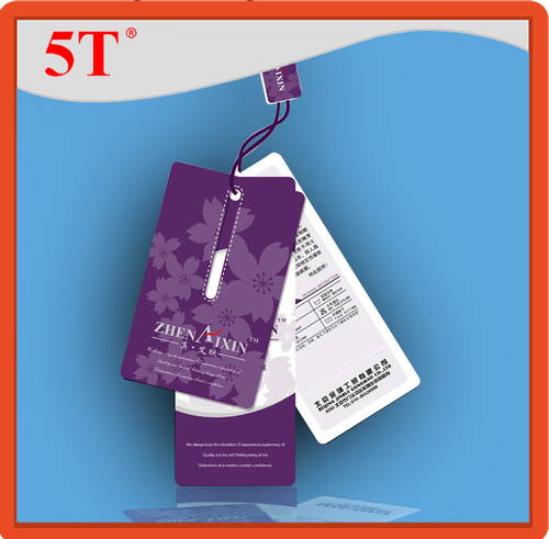 Women Clothing Hang Tag - Paper, 7.62mm Thickness, Purple Color | Water Activated Adhesive, RFID Tape Type, Rectangle Shape, Offer Printing