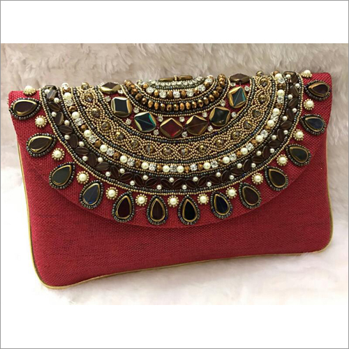 Multi Beads Clutch - Red Color Customized Design Options | Button Closure for Secure Handling