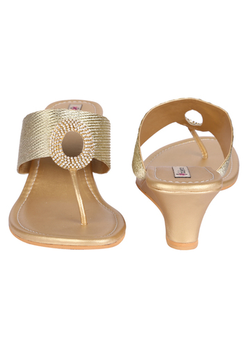 Ladies Ethnic Gold - Synthetic Leather, Various Sizes, Gold Color | Elegant Design, Comfortable Fit, Party Wear, 2 Inch Heel