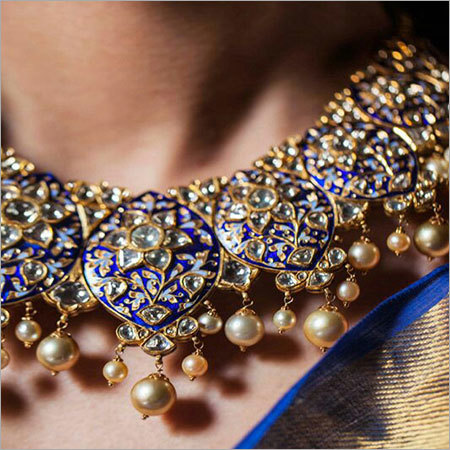 Kundan Necklace Set - Gold with Emerald Stones & Pearls | Blue & Light Blue Color Coating, Perfect for Engagements, Weddings, and Parties