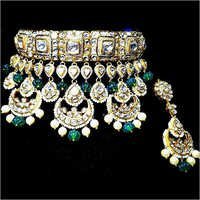 Bridal Kundan Meena Necklace - Gold With Pearl And Emerald, Easy Care Delicate Design, Includes Matching Earrings