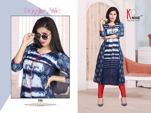 Printed Kurtis - Cotton, Size L/XL, Blue | 3-4th Sleeve Style, Elegant Printed Pattern for Stylish Ladies' Wear