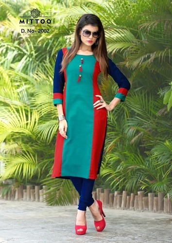 Cotton Kurtis - Cotton, L/XL Size, Mix Colors | Striped Pattern, 3-4th Sleeve Style, Simple Design for Ladies