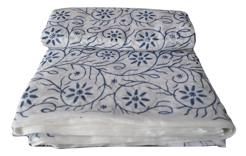 White-Blue Hand Block Printed Cotton Floral Fabric