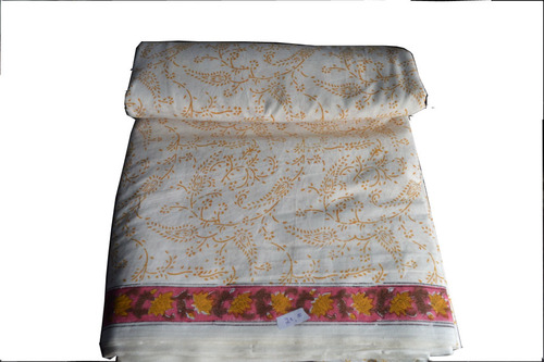 White Hand Block Printed Cotton Floral Fabric