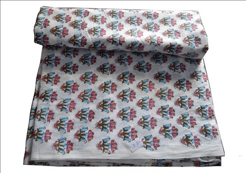 White Hand Block Printed Cotton Floral Fabric