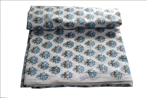 White Hand Block Printed Cotton Floral Fabric