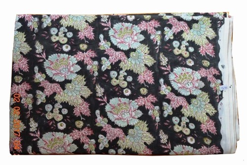 Black Hand Block Printed Cotton Floral Fabric