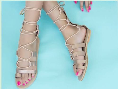 Ladies Flat Sandal - Leather, Sizes 6-10, Beige | Lace-Up Closure, Stylish Design, Comfortable Fit