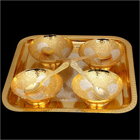 Silver And Gold Plated Bowl With Tray And Spoon
