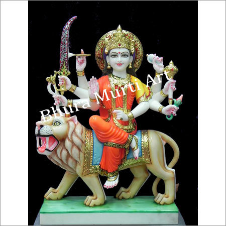 Polished Marble Maa Durga Statue - Marble, 12-18 Inches, Orange | Hand-Carved, Intricate Details, Religious Significance