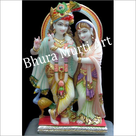 Radha Krishna Marble Statue - Marble, 12 Inches, White | Hand-Painted, Wooden Base, Intricate Details, Durable, Elegant Design