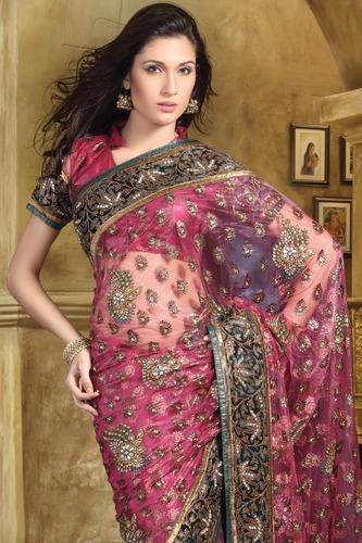 Net Saree - Net Fabric, 5.5 Meters, Pink, With Blouse Piece | Handcrafted Embroidery, Soft Fabric, Elegant Design, Stylish Drape, Perfect Fit