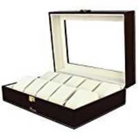 Wooden Watch Box - 26x20x10 Cm, Elegant Black Leatherette Finish With Transparent Lid For 10 Watches