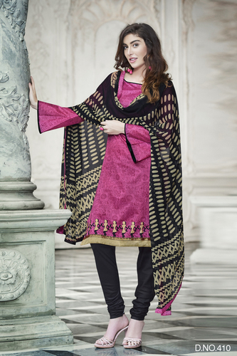 Indian Dress Material - Cotton, Magenta, Standard Size | Traditional Resham Embroidery, Ready Lace, Printed Dupatta