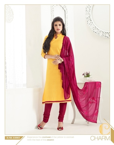 Designer Suit Fabrics - Cotton, Yellow, Multiple Sizes | Elegant Straight Cut, Thread and Crystal Work, Comfortable Fit
