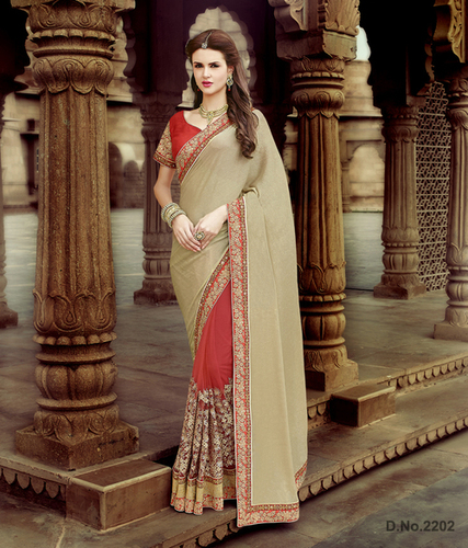 Designer Sarees Collection - Silk Blend 6.3m Beige, Embroidered Half-and-Half, Wedding Wear