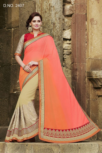Evergreen Bridal Saree - Silk, 5.5 Meters, Peach | Designer Contrast Resham Thread Work with Multiple Jari & Crystal Embroidery