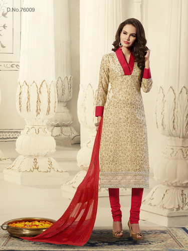Designer Suit Fabric - Cotton Blend, 54 Inches, Ivory | Floral Resham Embroidery, Satin Lace, Plazzo Pants, Comfortable Fit
