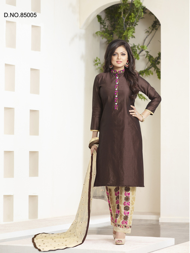 Designer Salwar Kameez Suits 2011 - Silk, 44 Inches, Brown, Resham Embroidery , Elegant Design, Chain Stitch Work, Customizable Size